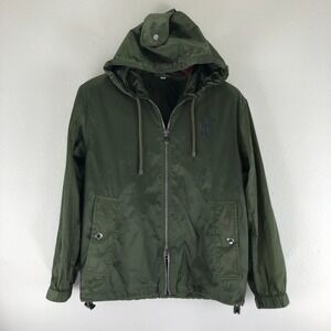 Burberry TB Monogram Windbreaker Jacket Olive Green Hooded Zip Up Womens Size 4